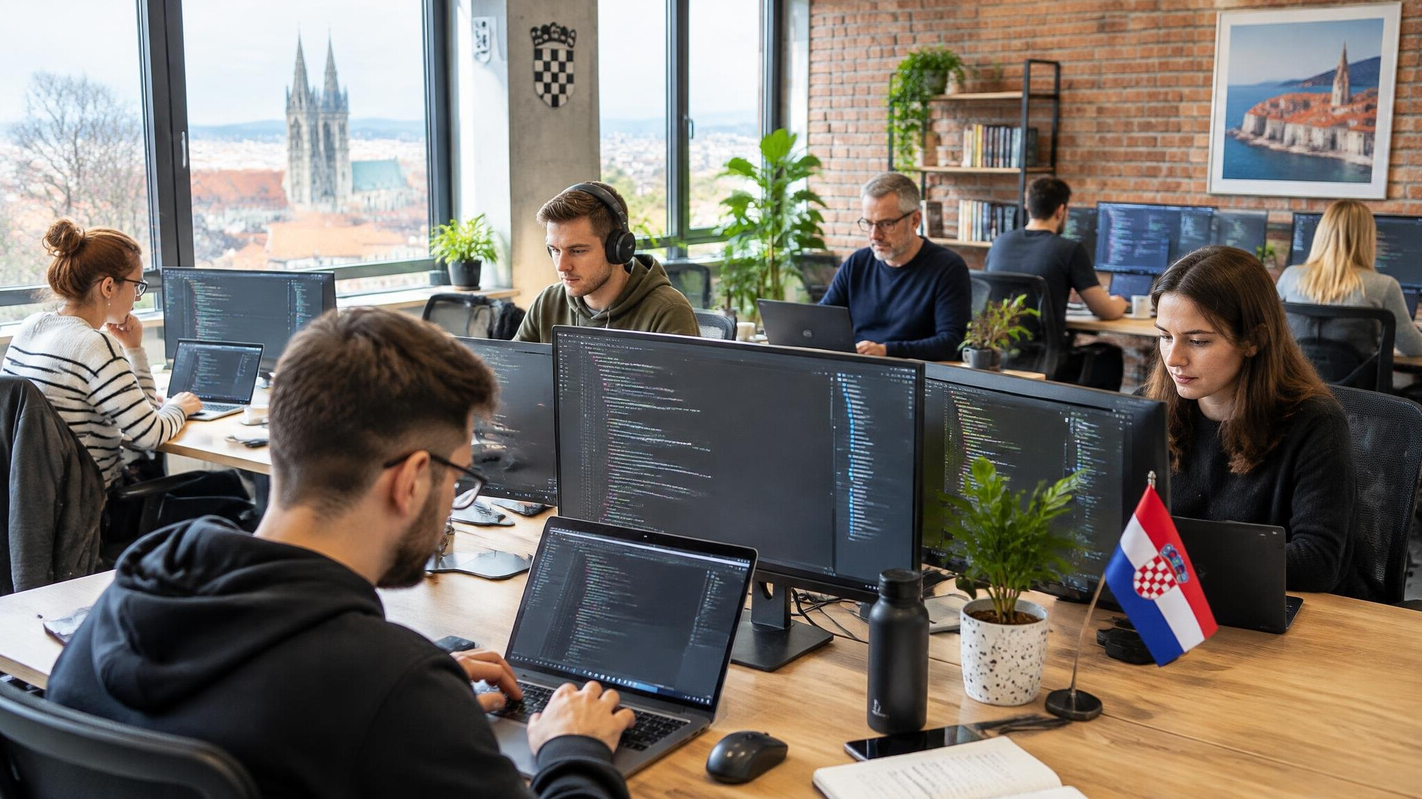 Team of developers working together at desks in a bright open-plan office