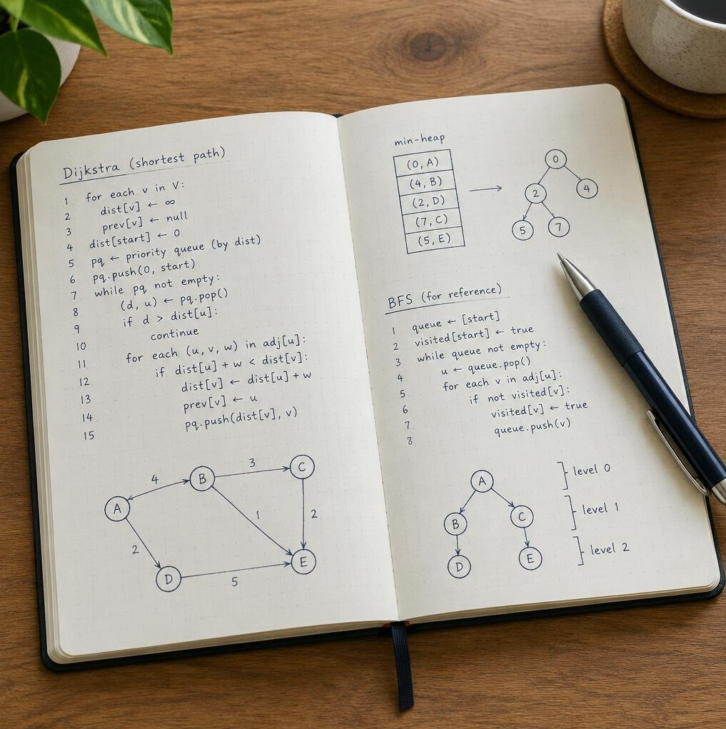 Open notebook with handwritten pseudocode and diagrams next to a pen