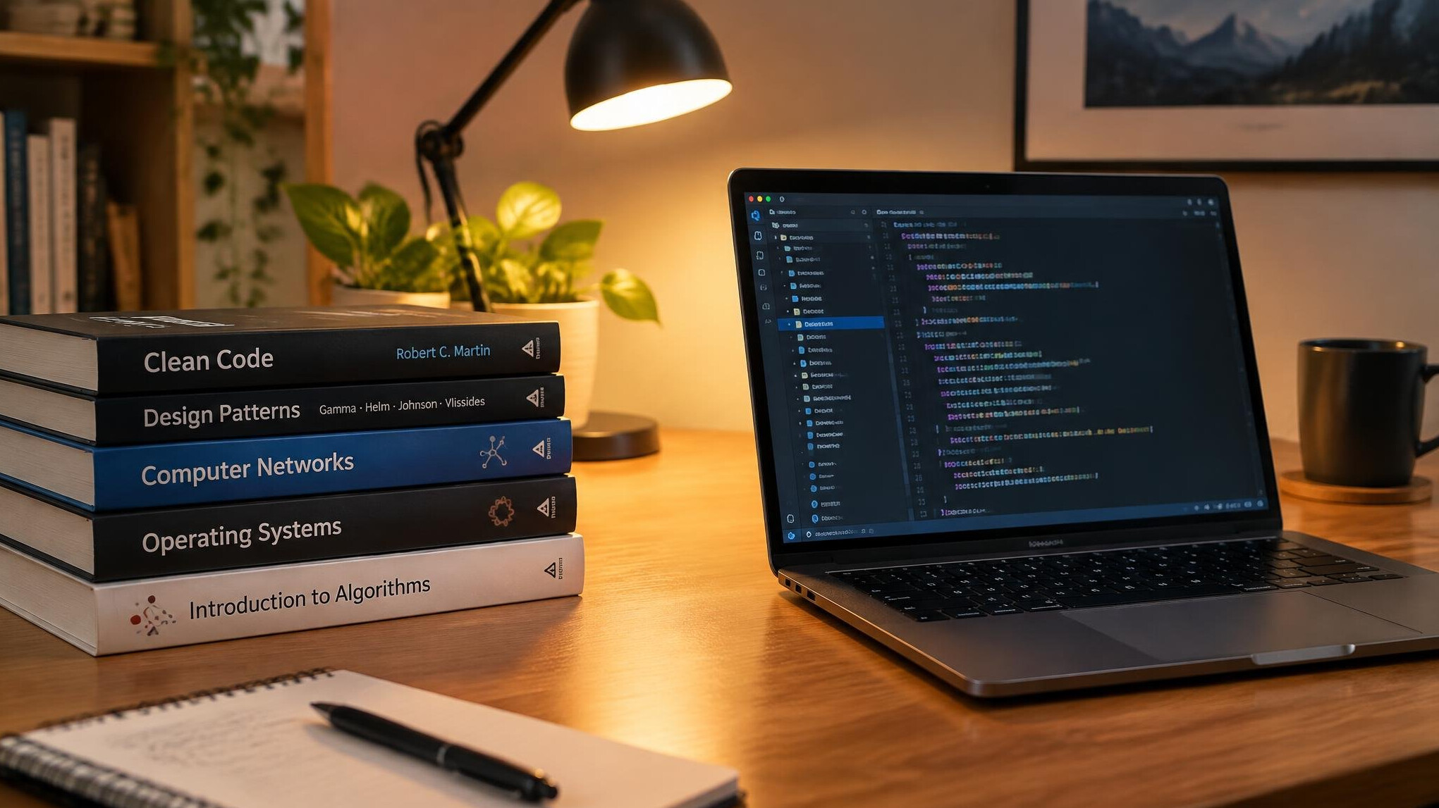 Stack of programming books next to an open laptop on a desk