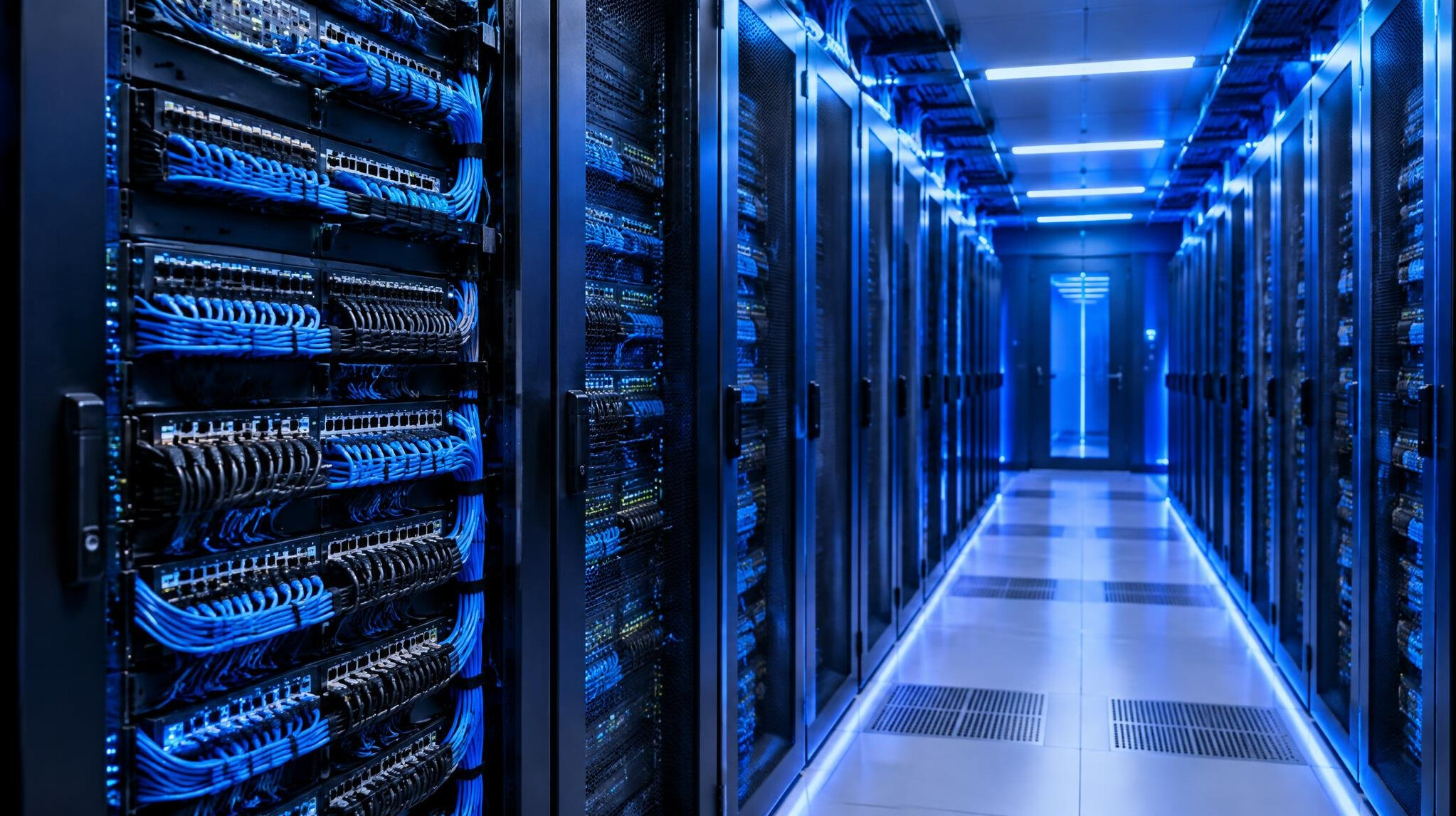 Rows of server racks with organized network cables in a data center