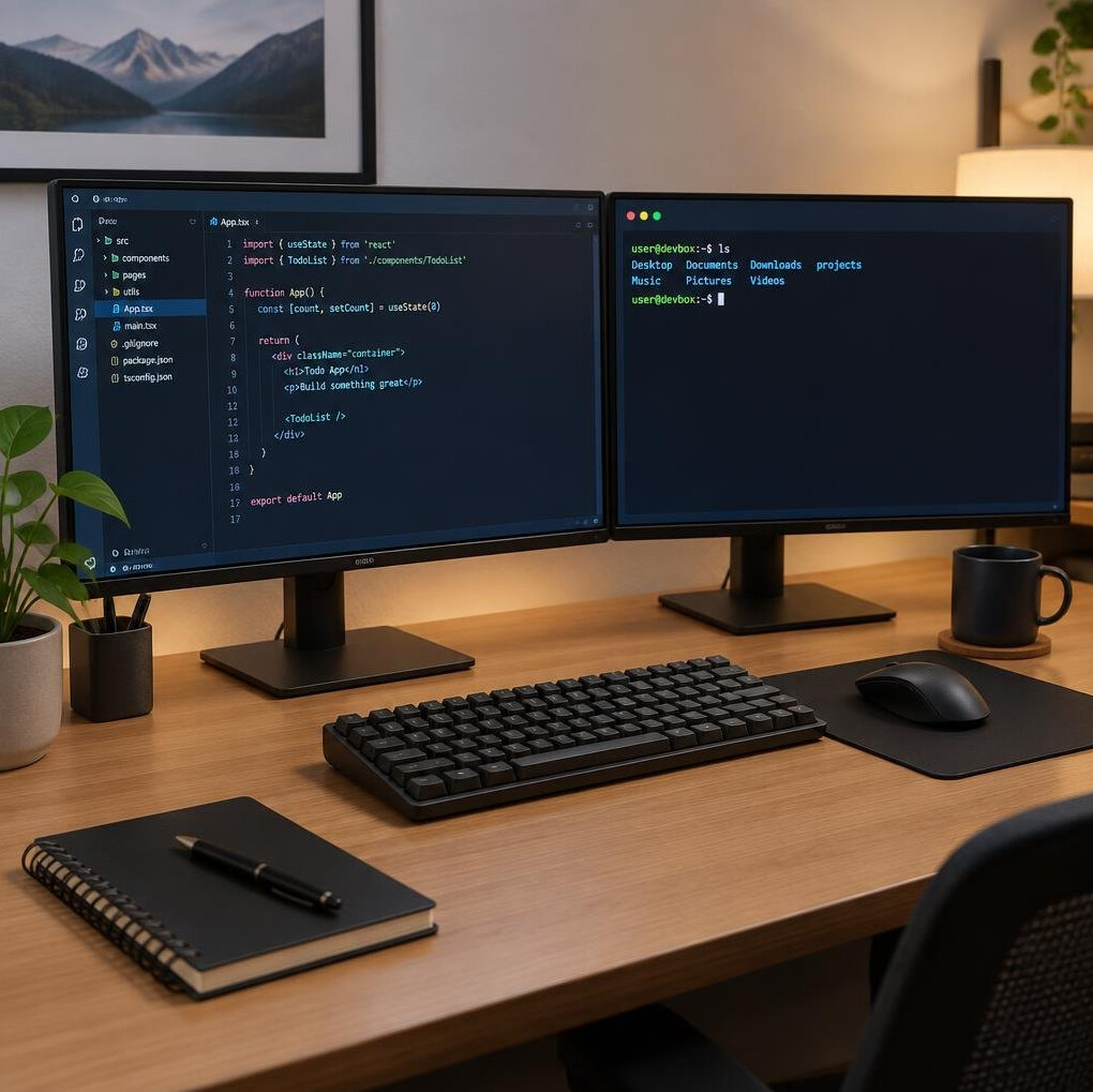 Dual computer monitor setup displaying code and a terminal window