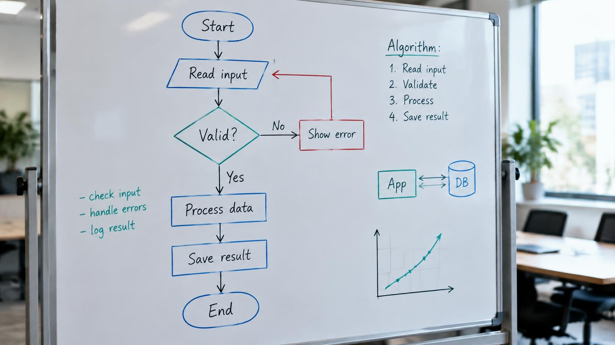 Whiteboard covered with a flowchart diagram and algorithm sketches