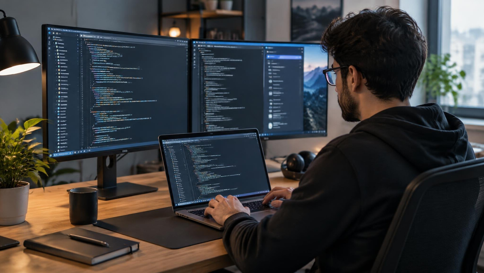programmer at desk with multiple screens