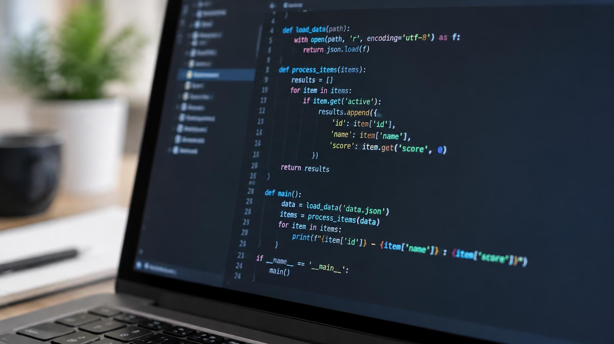 Close-up of a laptop screen displaying colorful source code