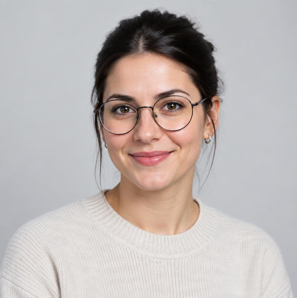 Studio portrait of a young Croatian woman with glasses smiling