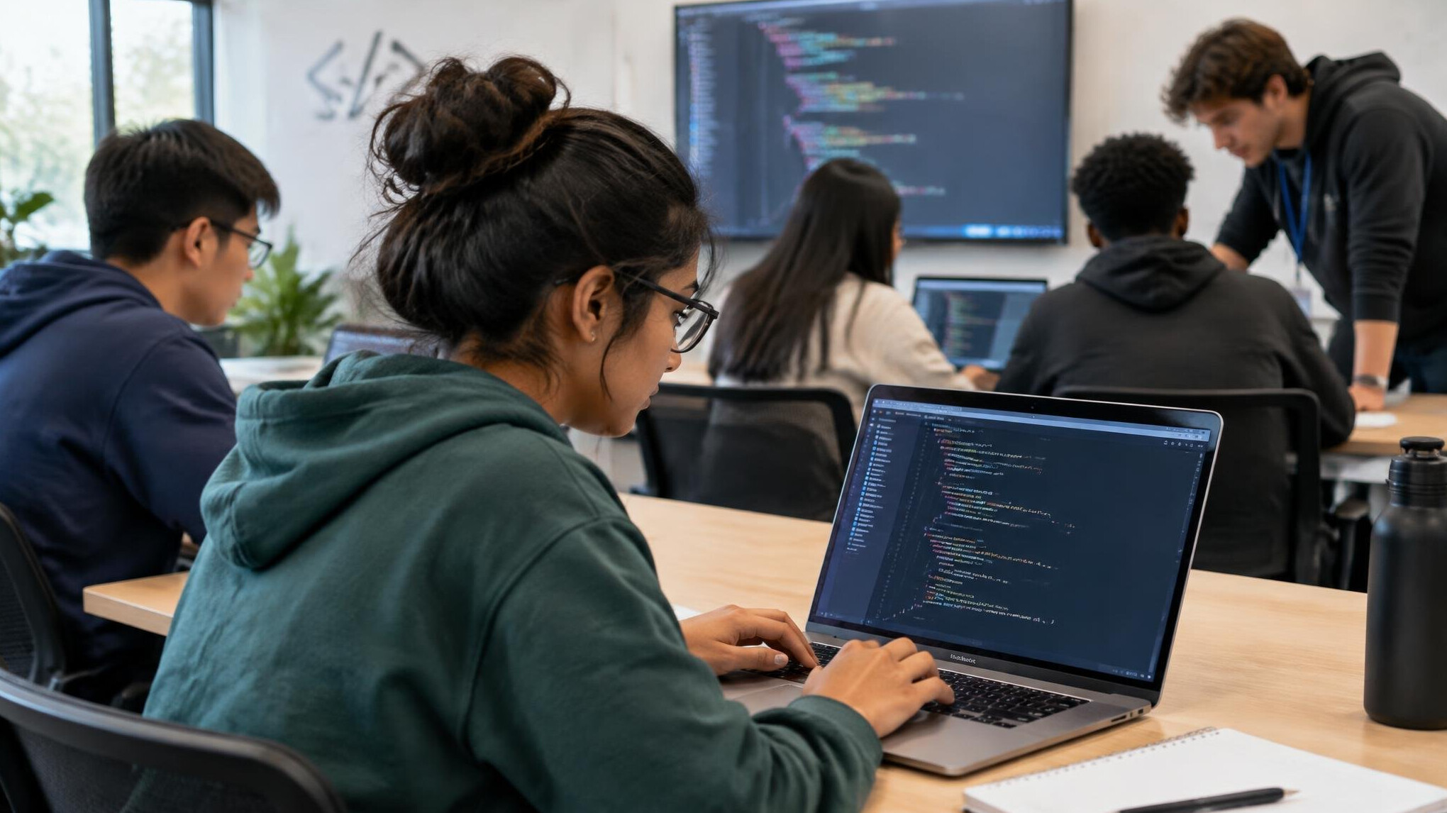 student coding on laptop