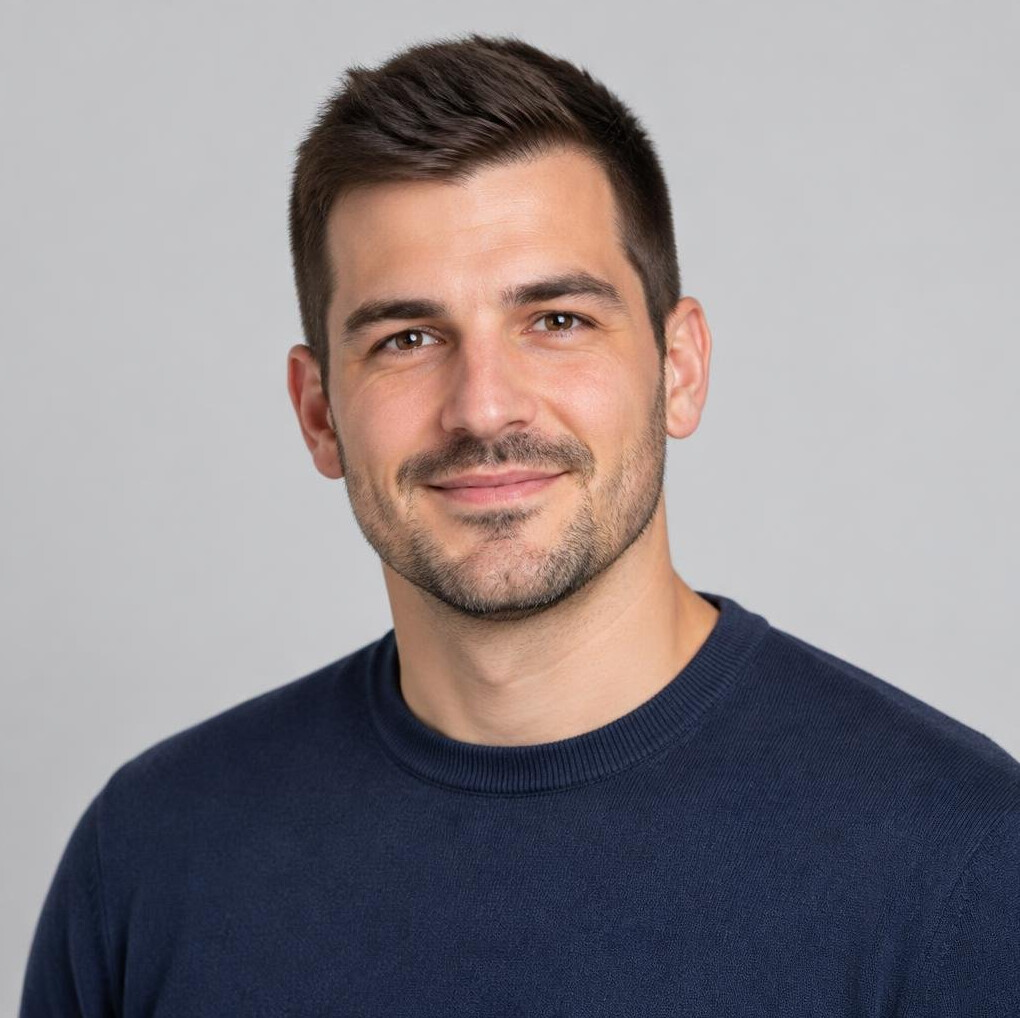 Studio portrait of a Croatian man in his thirties with short hair