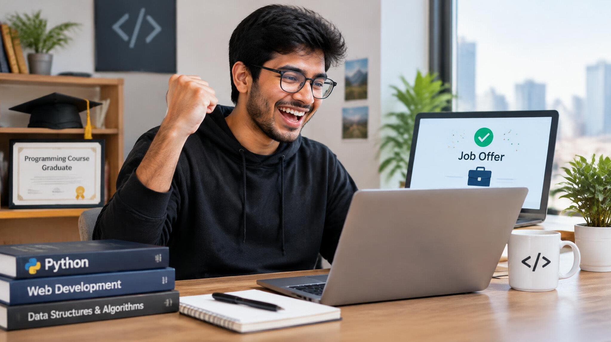 student celebrating job offer