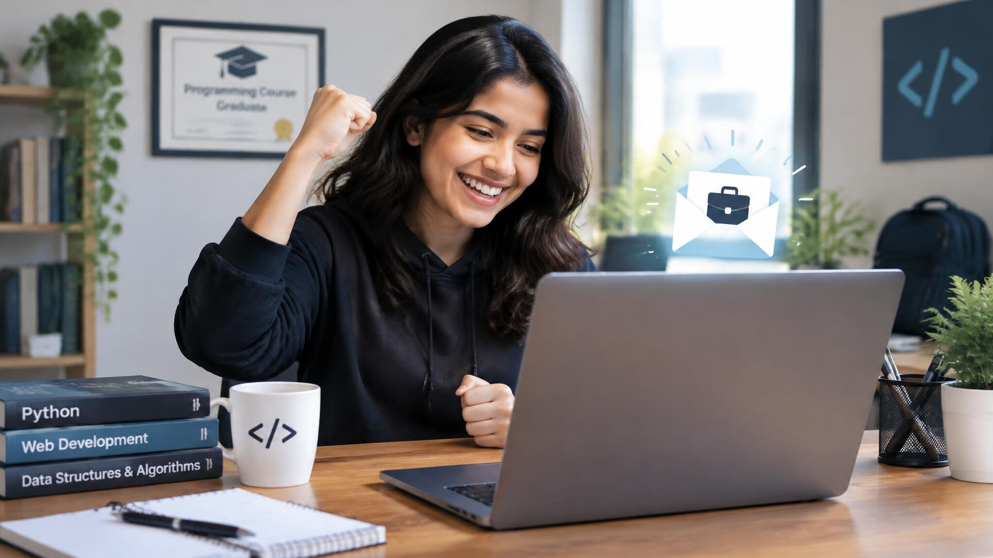 student celebrating job offer